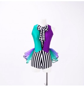 Children toddlers blue purple striped jazz dance clown cosplay costumes Girls magician show dress dance competition performance outfits for kids